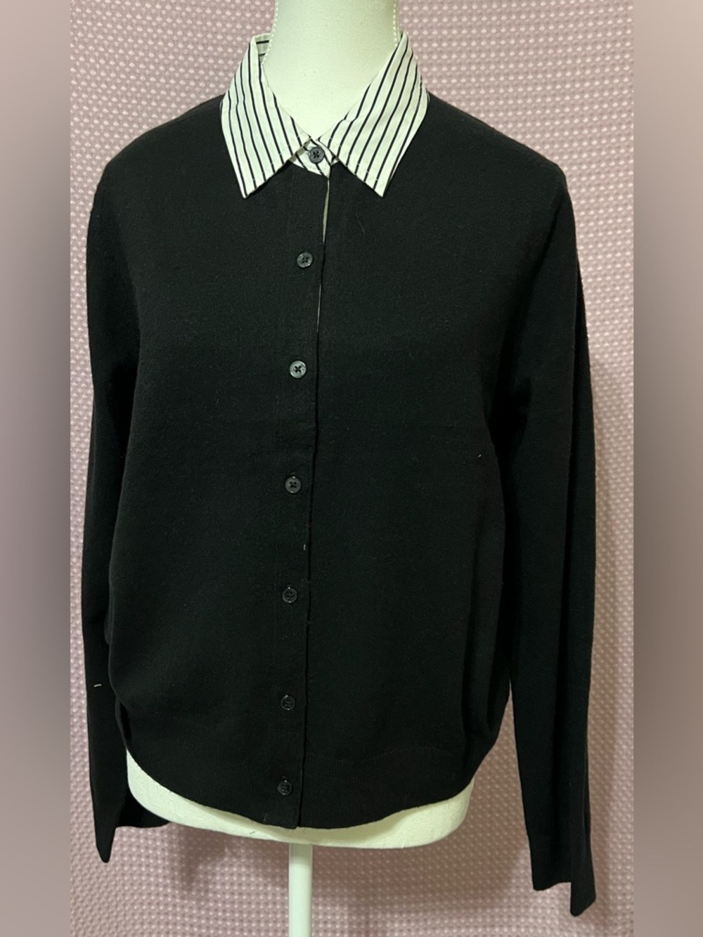 CeCe Black Button-Front Sweater Cardigan with Striped Faux Collar
